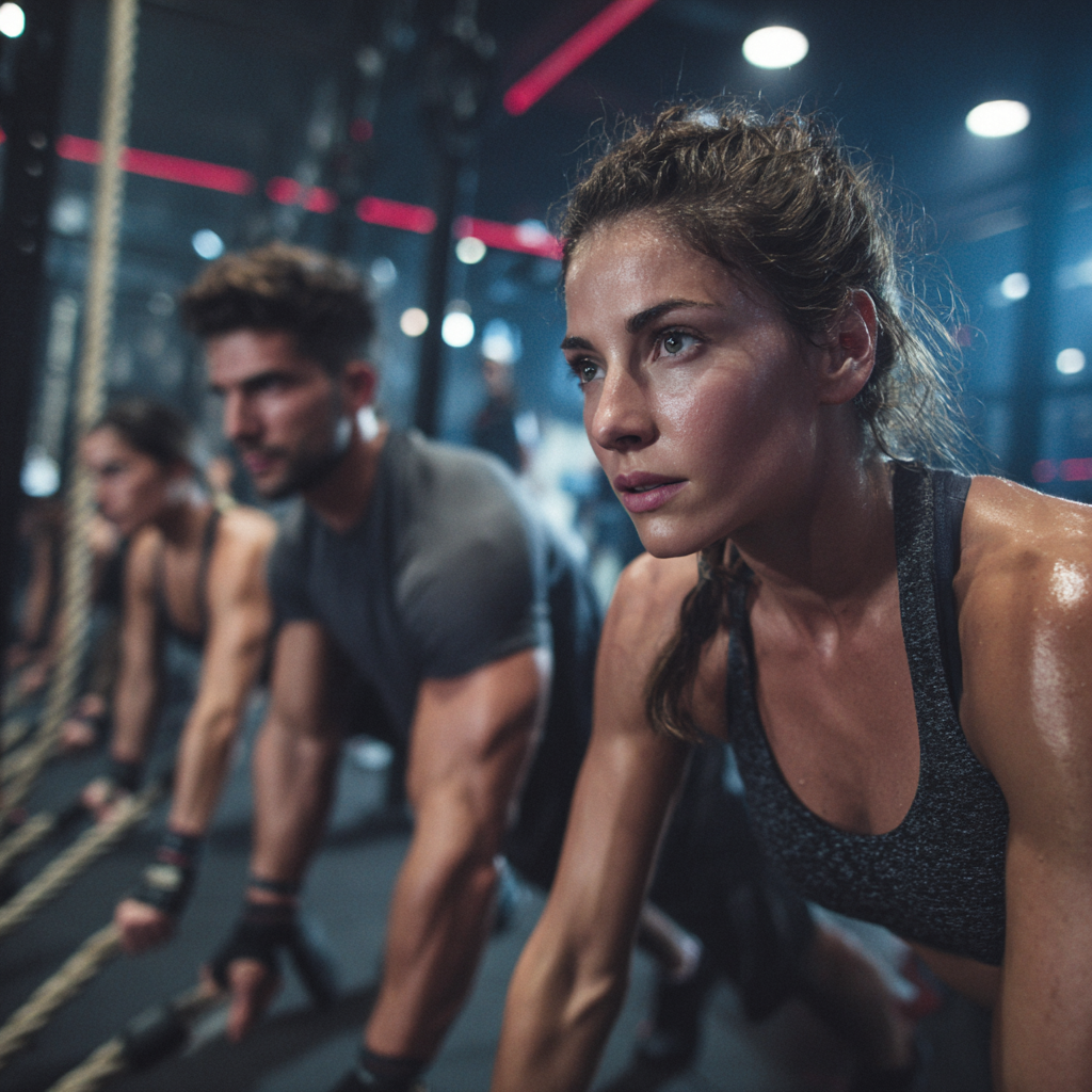 Romanian adults of various ages practicing recovery rhythm training in a modern fitness studio, smiling and focused on proper form during controlled movement exercises