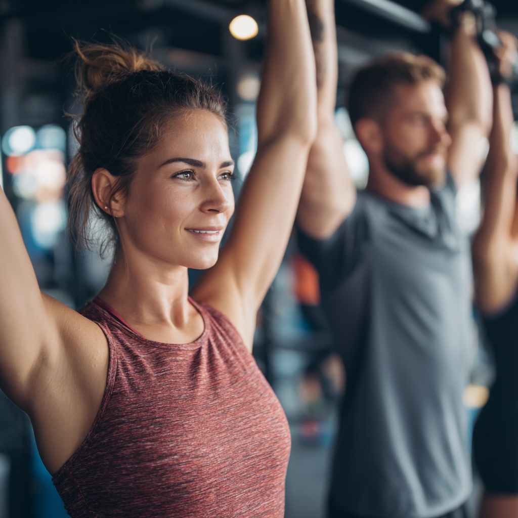 Group of Romanian fitness enthusiasts monitoring heart rate during recovery rhythm training, displaying focused expressions while using heart rate monitors